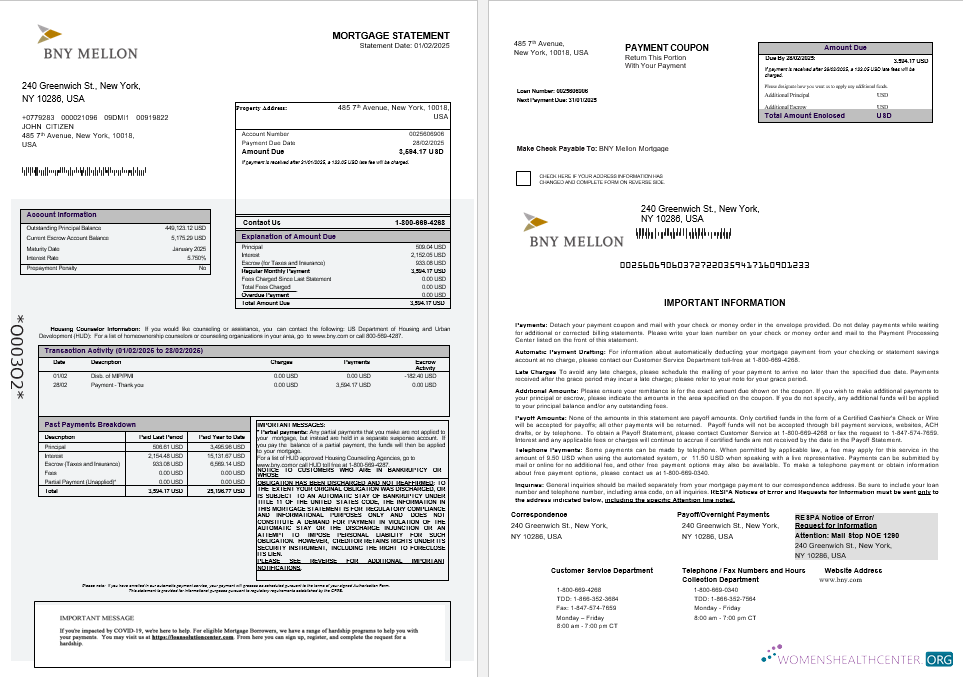 Download USA Bank of New York Mellon bank mortgage statement in Word and PDF formats 1 2 Photoshop template